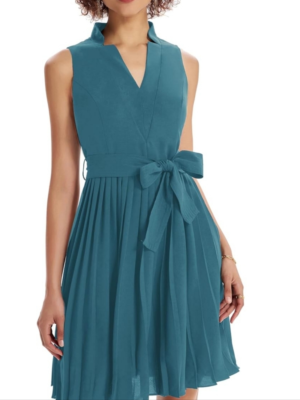 GRACE KARIN Women Elegant Pleated Swing Dress Solid Sleeveless V-Neck Dress